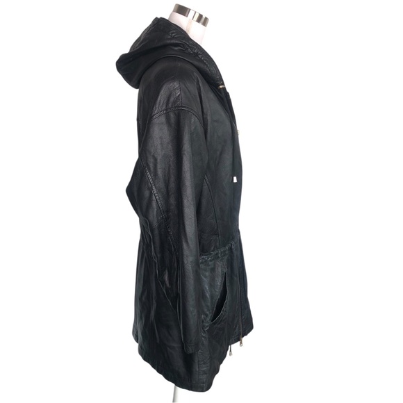 VINTAGE 90s Wilsons Leather Black Leather Hooded Insulated Coat Jacket Medium - Picture 5 of 8